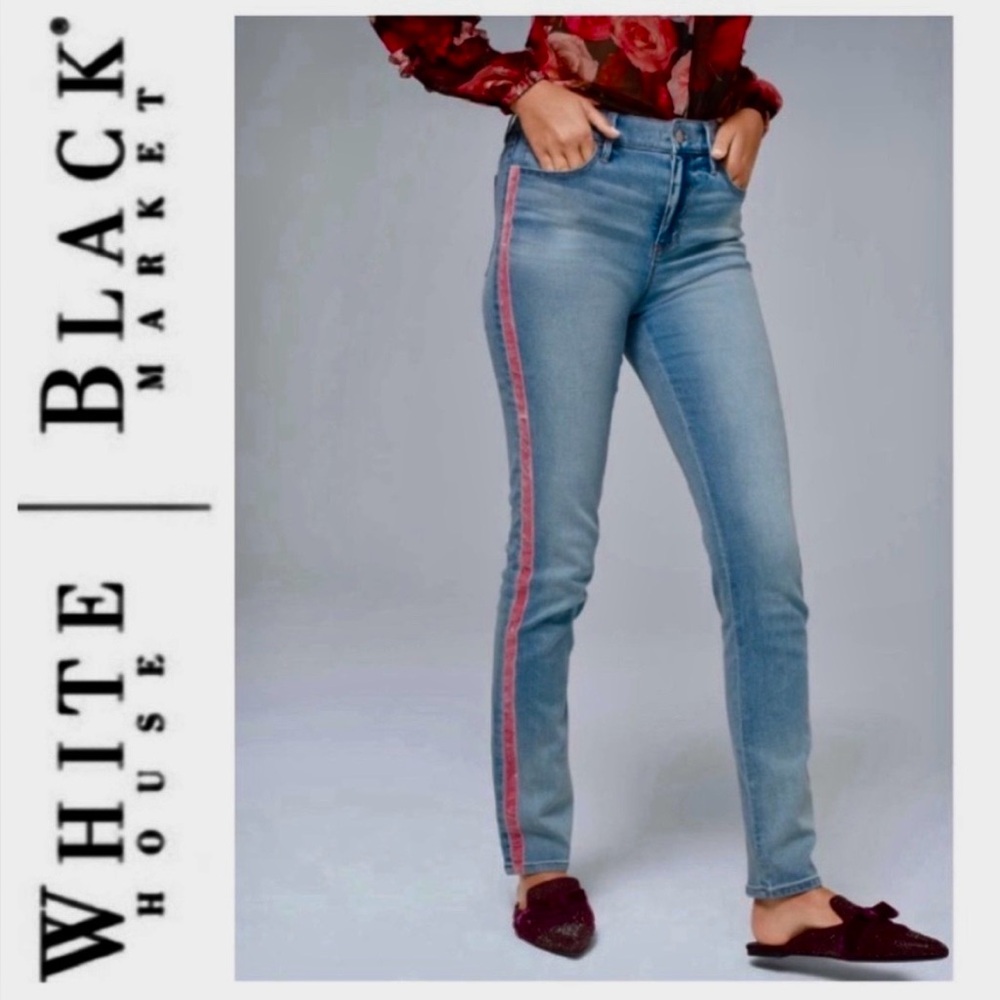NEW White House Black Market jeans pink velvet tuxedo stripe everyday straight